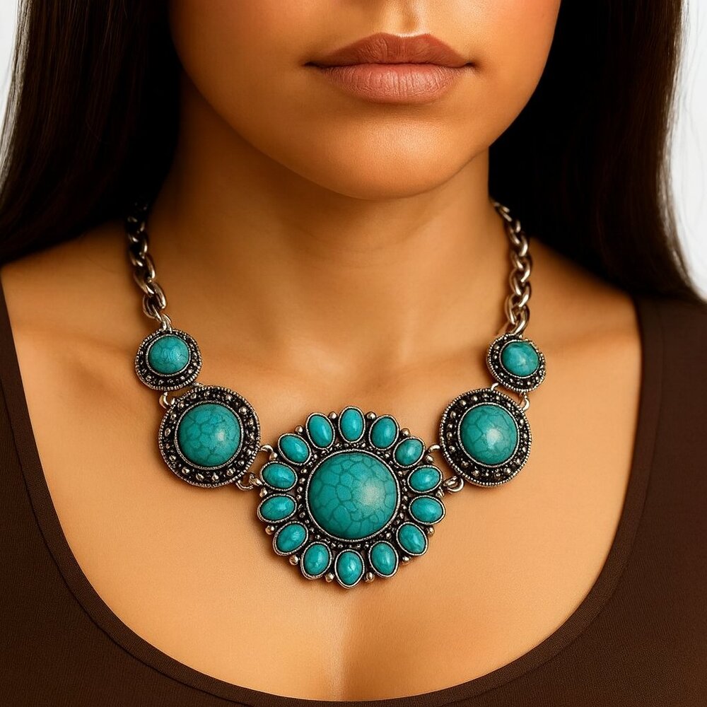 Boho Turquoise Statement Necklace – Floral Pendant w/ Antique Silver tone Links